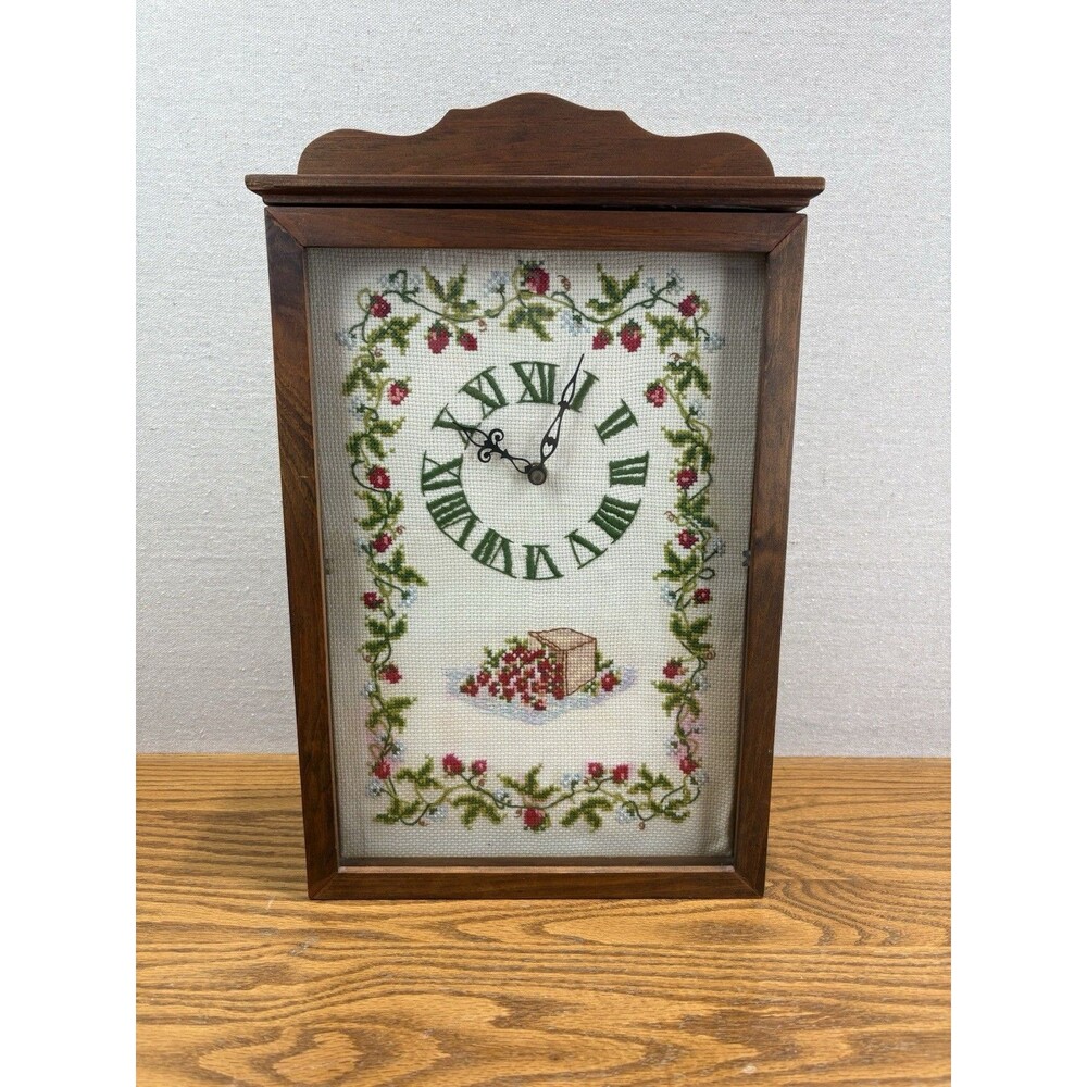 Vintage Cross Stitch Wall Clock Wood Shadow Box Glass Door Strawberries Roman